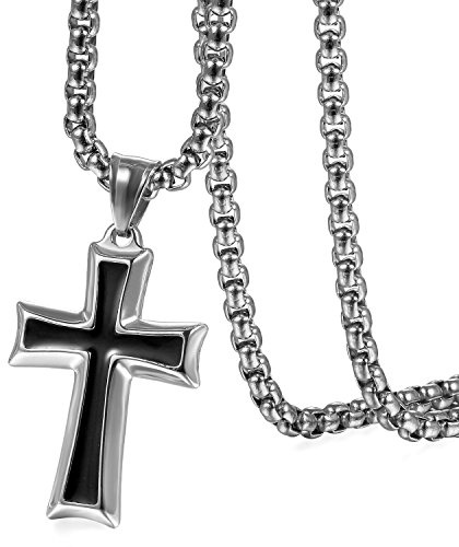 Flongo Rosenkranz-Kette Anhänger Halskette, Edelstahl Halskette Rosenkranz Kette Kreuz Kruzifix Kette Herrenkette Schwarz Silber Gold Weiß Poliert Herren Männer Accessoires