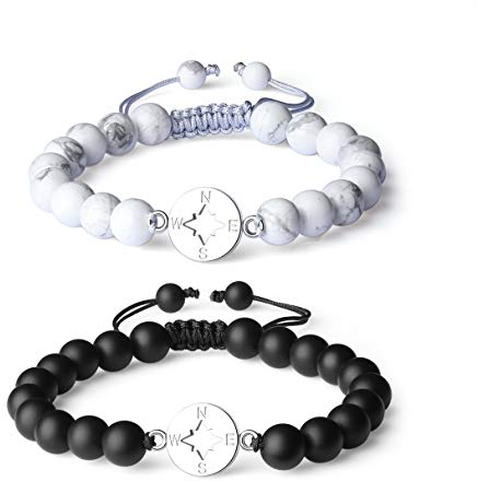 COAI Geschenkideen Partner Armbänder Freundschaftsarmbänder aus Howlith und Matt Onyx mit Kompass Anhänger