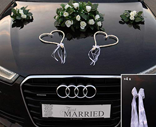 ECHTER ROSESTRAUSS Autoschmuck Braut Paar Rose Deko Tauben Herze Dekoration Hochzeit Car Auto Wedding Deko (Weiß+Herzen)