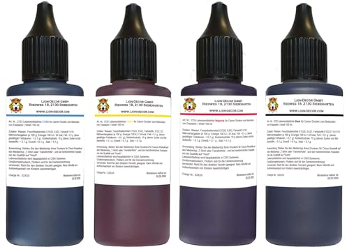 Lion-Decor GmbH Premium Lebensmitteltinte - Set aus 4x100ml (Schwarz, Gelb, Rot, Blau) für Canon Drucker Patronen/Verzehrbar/Vegan und Glutenfrei