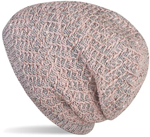 styleBREAKER Damen Strick Beanie Mütze mit Pailletten und Thermo-Fleece Futter, Winter Slouch Beanie 04024168, Farbe:Rose-Grau