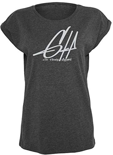 GO HEAVY Oversize Frauen Fitness Wor-Out T-Shirt | Kurzarm Yoga Gym Sportshirt | Aufdruck Graphic | Dunkelgrau XS