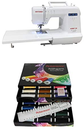 GRITZNER Hobby - Serie, elektronische Freiarm-Nähmaschine mit Anschiebetisch -> mit dem Starterset sofort loslegen! (GRITZNER Hobby 140, Ackermann Nähgarn-Box, 36x 200m (Schwarz))
