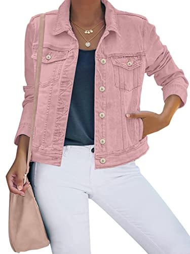luvamia Women's Classic Casual Long Sleeves Jean Jackets for Women Button Down Trucker Jacket Coat Pink Medium Fits Size 8 / Size 10