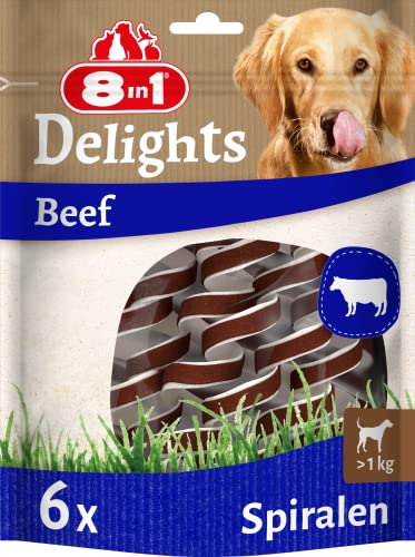 8in1 Delights Beef Kau-Spiralen - gesunder Kausnack für Sensible Hunde, hochwertiges Rindfleisch eingewickelt in Rinderhaut, 6 Stück
