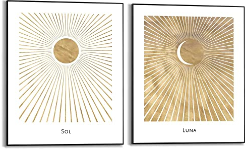REINDERS Bilder Set, Sonne und Mond, Hobbyraum, Poster, Wanddeko, Room Decor, MDF, Gold, 2-er Set