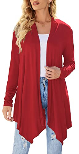 Cardigan aperto anteriore drappeggiato donna cardigan casual manica lunga leggero maglioni spolverino, Rosso, 3XL