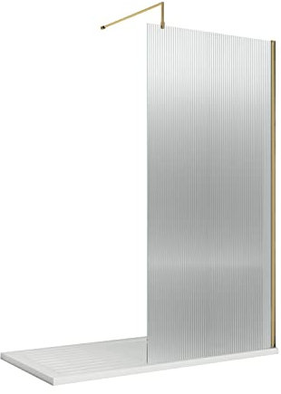 nuie WRFL18590BB Fluted Modern Bathroom 8mm Toughened Safety Glass Wetroom Screen with Bar, 900mm, Brushed Brass