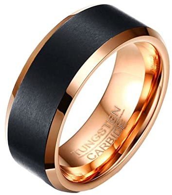 Mesnt Anello Tungsteno, Anelli Fascia Spazzolata Bicolore 8MM per Le Uomo, Nero Oro Rosa