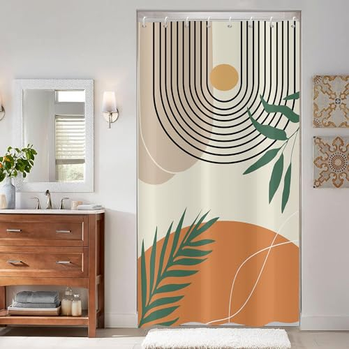 ASDCXZ Duschvorhang 120x180 cm Boho Style, Moderne Abstrakt Kunst Sonne Mond Blätter Beige Bad Waschbar Duschvorhänge Polyester Textil Wasserdicht Duschvorhang für Badewanne mit 8 Haken