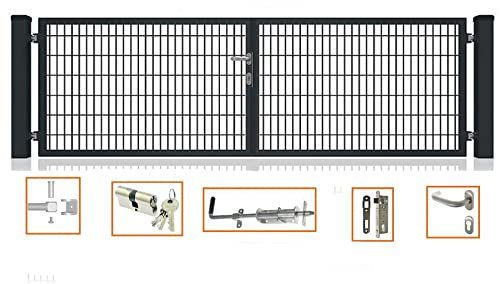 Doppelflügeltor Premium für Doppelsabmattenzaun Anthrazit 8/6/8 inkl Schloss Schlüssel Pfosten Breite: 5000 mm Höhe : Höhe 1200 mm