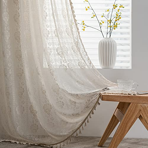 SASIGAYA Gardinen Vintage Beige Boho Vorhänge Landhausstil Häkeln Stricken Lichtdurchlässige Vorhang mit Quasten Durchbrochene Vorhänge für Küche Schlafzimmer Wohnzimmer Balkon 2 Stück H 160×B 150 cm