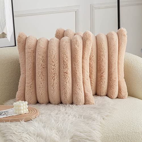 Neelvin 2er Set Plüsch Kissenhülle Kunstpelz Gemütliche Weiche Gestreifte Dekorative Kissenbezug Kissenbezüge Dekokissen Zierkissenbezug Sofakissen Kamel 40x40 cm für Sofa Schlafzimmer