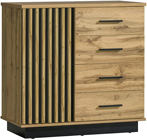 MINIO go for it - Kommode Lamia mit Schubladen und Türen, Sideboard 90cm Breit, Wohnzimmer Möbel, Sideboard Schlafzimmer, Kommoden Schlafzimmer, Schubladenkommode, Farbe Wotan Eiche/Schwarz Matt