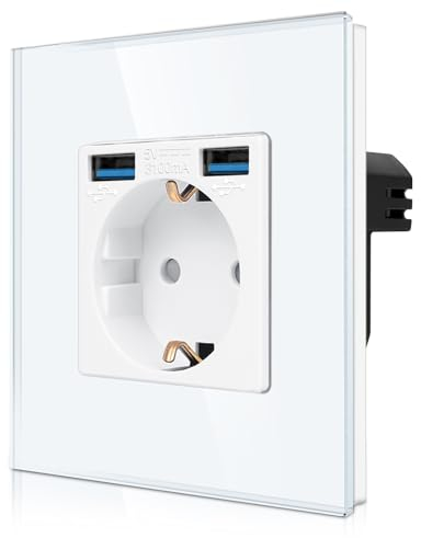 CNBINGO Einzelsteckdose mit 2× USB Anschluss (2 Typ-A total Max.2,1 Amp) - Einfach Glas Schuko Steckdose Unterputz - Weiß Wandsteckdose mit Kindersicherung