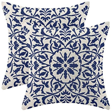 AEIOAE Boho-Kissenbezüge, 45,7 x 45,7 cm, marineblau, Bohemian-Ethno-Teppich-Stil, dekorativer Überwurfkissen, Leinen, quadratisch, Outdoor, Vintage-Blumendruck, Kissenbezug, Dekor für Zuhause, Couch,