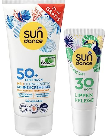SUNDANCE 2er-Set Sonnenschutz: MED ULTRA SENSITIV Sonnencreme Gel für sensible, zu Allergien neigende Haut LSF 50+ sehr hoch (175 ml) + Lippenpflege MINZE LSF 30 (10 ml), 185 ml