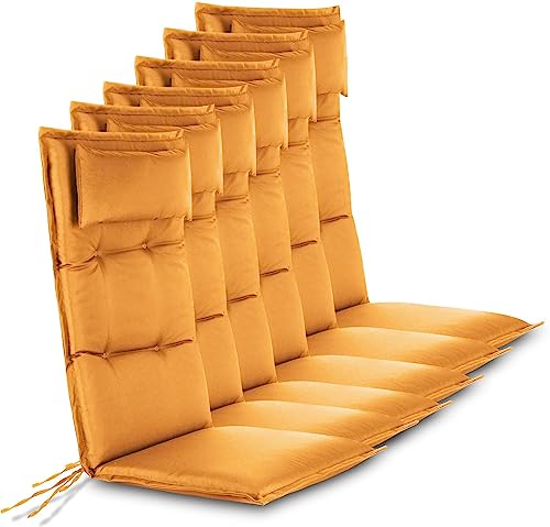 normani 6er-Set Stuhlauflagen Sitzpolster Hochlehner mit Kissen 120x50 cm aus wasserdichtem und pflegeleichtem Outdoor Material - Gartenstuhlauflagen gepolstert für Draußen und Drinnen Farbe Orange