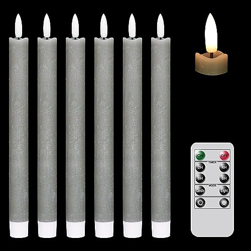 Eldnacele Graue flackernde LED Stabkerzen mit 10-Tasten-Fernbedienung, batteriebetriebene 24,5cm elektronische Kerzen aus echtem Wachs für Weihnachts-, Zuhause- und Hochzeitsdekoration (6er Pack)
