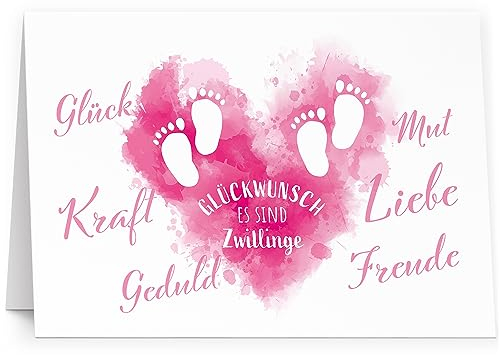 XXL Glückwunschkarte Zwillinge Mädchen rosa Fußabdrücke (A4) zur Geburt hochwertige Klappkarte | Große Design Maxi Karte Grußkarte Glückwunsch mit Umschlag Zwilling