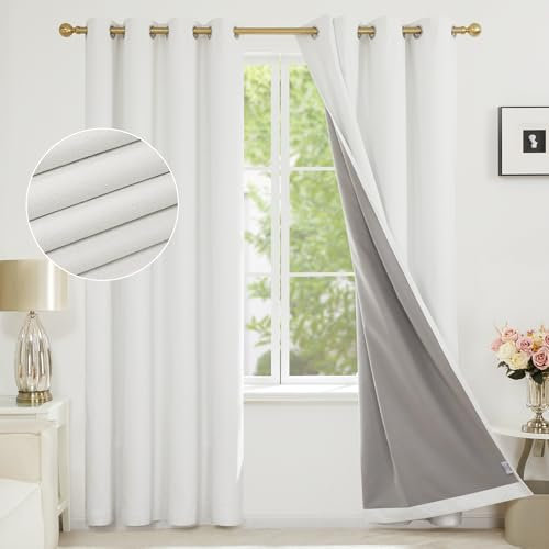 Deconovo Total Blackout Curtains 84 Inch Drop with Thick Coating, Faux Linen Eyelet Door Thermal Curtains for Living Room, 52 x 84 Inch(Width x Length), White,One Pair