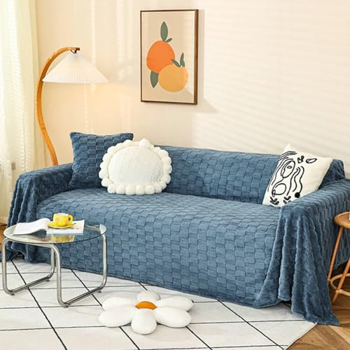 Ayoiow Sofa Überzug Decke Sofabezug Blau Sofahusse 2Sitzer Polyester Einfarbige Gitterstruktur