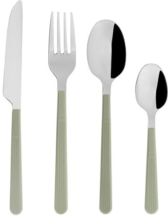 Set di posate in acciaio inox, serie CORDEROY, colore verde, con manico in plastica, con 4 coltelli L 22 cm, 4 forchette L 20,5 cm, 4 cucchiai L 20 cm e 4 cucchiaini da caffè L 14,5 cm