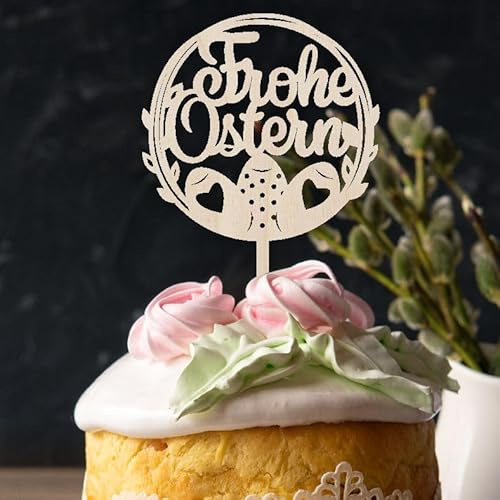 CAKE TOPPER Frohe Ostern aus Holz - Tortendeko & Kuchendeko - Osterdeko - Torten-stecker (Frohe Ostern Kranz)