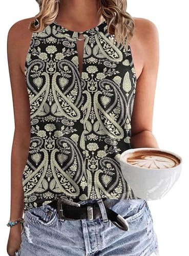 WNEEDU Womens Sexy Sleeveless Tank Tops Summer Elegant V Neck Vest Top Ladies Loost Fit Trendy Shirts Blouse Boho Floral Black L