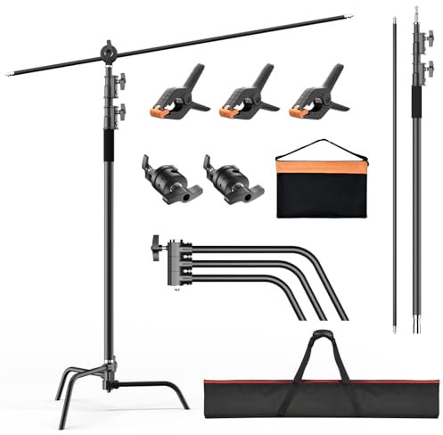 EMART Photography C Stand with Boom Arm, Black 10.8ft/330cm Adjustable Heavy Duty Light C Stand with 4.2ft/128cm Holding Arm, 2 Pieces Grip Head for Video Reflector, Moonlight, Softbox