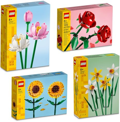BRICK Flip Lego - Set di 4 fiori 40460 Rose & 40524 Girasoli & 40647 Fiori di loto e narcisi 40747 | Collezione botanica | Icons