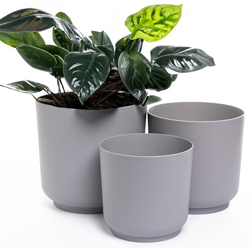 Home Garden Ornaments Luna Grey - Set di 3 vasi per piante da interni, diametro 13/15/17 cm, in plastica con superficie opaca, senza fori di drenaggio, vasi da fiori esterni (grigio)