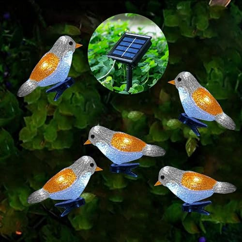KINGCOO Solar Lichterkette Außen, Wasserdichte 5Stück Acryl Vogel Lichterketten Solarlaterne mit Clip Garten Beleuchtung für Rasen Terrasse Sommerfest Weihnachten Feiertag Dekoration (Gelb Weiß)