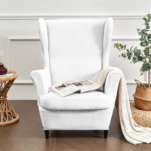 Hixingo Velvet Wingback Chair Covers 2 Piece Set, Armchair Covers Soft 2 IN 1 Design Stretch Chair Covers, Wing Chair Slipcover for Living Room Bedroom Hotel Protector (White)