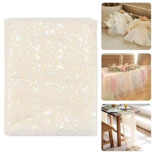 SLTAXAR Tüllstoff Glitzer Beige Dekostoff mit Sternen Sparkly Stoff 160 * 200cm Glitzer Tüll Tüllband Deko Stoffe Glitzer Garn Tüll Weich Fein Dekoband für DIY Bekleidung Deko Weihnachten Hochzeit