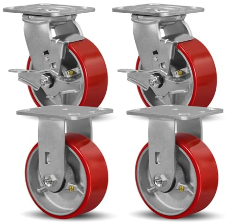 SY America 5 X 2 Caster Wheels - Heavy Duty Industrial Casters, Non-Marking Polyurethane on Silver Cast Iron Core Wheel - 2 Rigid 2 Swivel Top Lock Brake,4000 lbs Capacity Set of 4