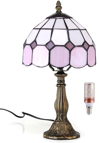 Five liters 8 Zoll große Tischlampe aus Buntglas im Tiffany-Stil Nachttischlampe Schlafzimmerlampe Nachtlicht Kinderlampe 38 cm hoch – mit Glühbirne (Farbe: Rosa)