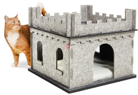 CanadianCat Company | Katzenbungalow aus Filz für Katzen - Felty Fort | Beige-Anthrazit | Katzenhöhle, Katzenbett, Kletterturm