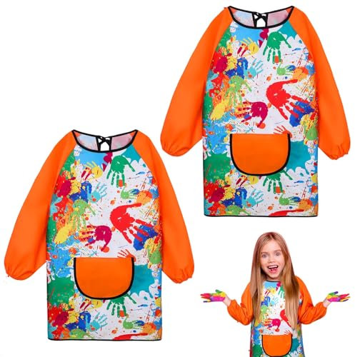GSrenyu 2Pcs Kids Art Aprons for Age 7-12 Years Girls Boys,Waterproof Graffiti Painting Aprons Long Sleeves with Pockets,Kids Painting Smock Toddler Children,Play Apron for Painting,Craft,School