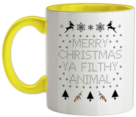 Merry Christmas Ya Filthy Animal - 11oz - Ceramic Two-Tone Mug for Coffee/Tea - Yellow/White - One Size