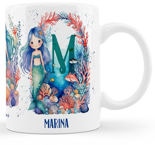 Taza de Sirenas Personalizada para Niñas con Inicial y Nombre (A-Z) - Cerámica, Desayuno, Café - Regalo con Letra y Nombre (Letra-M)