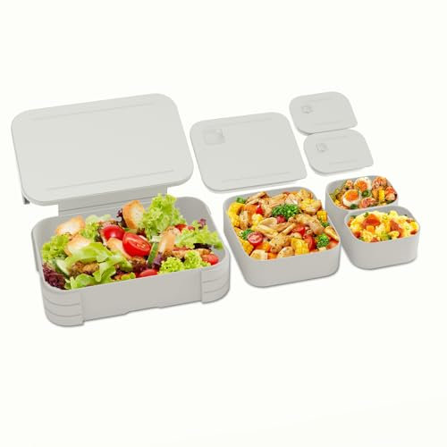 XJIANFU Brotdose Kinder mit Fächern, Auslaufsichere 3 In 1 Bento-Box, Kinder-Lunchbox,Auslaufsicher Fächern,Jausenbox Brotbox für,Mädchen & Jungen,Mikrowelle/spülmaschinenfest(Grey)