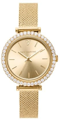 PAUL VALENTINE – Damenuhr Symphonia Gold rund 32mm – Stilvolle Uhr mit Zirkonia-Steinen, Mesh-Armband & Edelstahlgehäuse – Armbanduhr 5atm wasserfest – Womens Watch Frauen