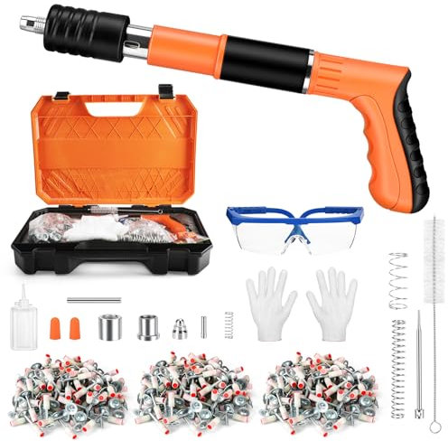 Pistola de clavos manual, pistola de clavos de 5 velocidades Pistola de clavos con 300 cartuchos de clavos, pistola de clavos para hormigón y acero, pistola de clavos portátil para techos (Naranja, L)