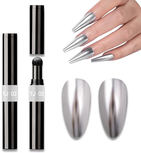 Silber Chrome Nail Powder Pen - Holografisch Gel Nagel Chrom Spiegel Effekt - UV Lampe Nail Polish Glitzer Magic Powder Stift Chrom Nagelpuder Nail Art DIY Dekoration Gel Nagel (Silber, Normal)