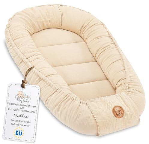 Musselin Babynest Nestchen Baby 90x50 cm - Babynestchen Neugeborene Nest für Kinder Bett und Babybett tragbar Kuschelnest Coccon für Jungen und Mädchen Baumwolle Hellbeige