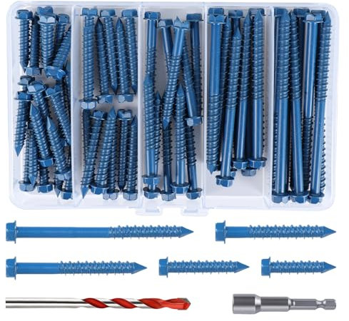 60 PCS 1/4 Blue Hex Washer Head Concrete Screws Anchor Kit with Drill Bit and Hex Bit Socket for Masonry, Cement, Block, Brick or Stucco