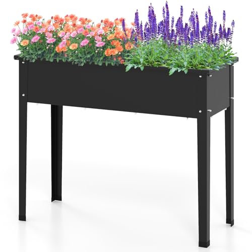 HOMASIS Hochbeet aus Metall, Blumenbeet mit Abflusslöchern, Pflanzkübel Pflanzbeet für Garten Balkon Terrase, Pflanzkübel Gartenbeet Blumenkasten für Gemüse Kräuter Blumen, Schwarz (100x40x80cm)