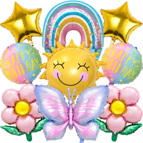 9 Stück Deko Luftballons Schmetterling Blume Sonne, Folienballons Schmetterling Blume, Ballons Deko Geschenke für Geburtstag Party Dekoration