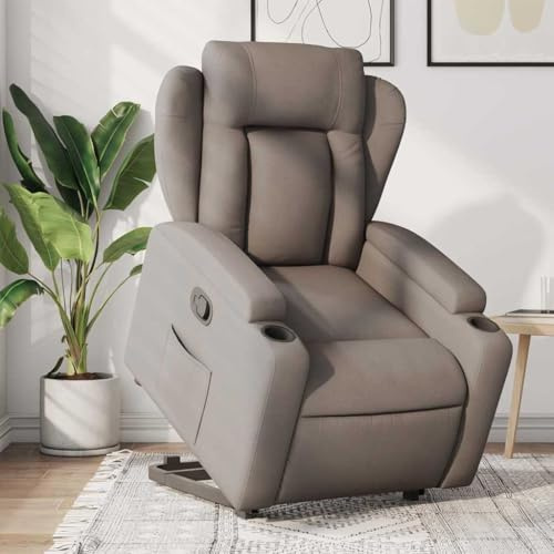 Massbinet Relaxsessel mit Aufstehhilfe Fernsehsessel mit Liegefunktion TV Sessel Wohnzimmer Schaukelstuhl mit Gepolsterte Kopfstütze und Seitentaschen Taupe Stoff
